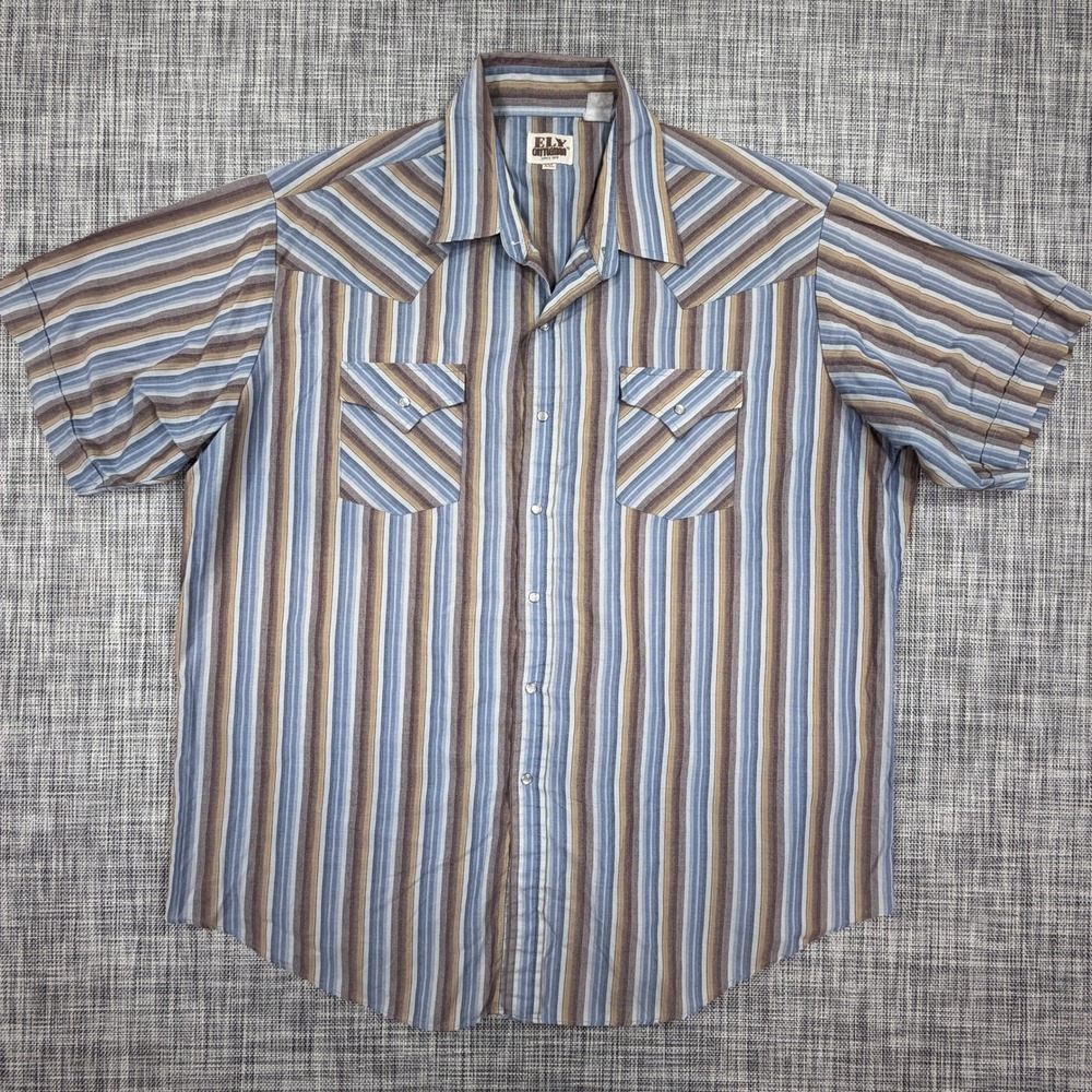 Ely Cattleman Mens Western Snap Shirt Short Sleeve Striped Blue Brown White XXL